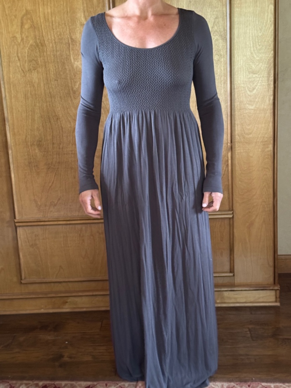 Smocked Bodice Long Sleeve Maxi Dress in Gray
